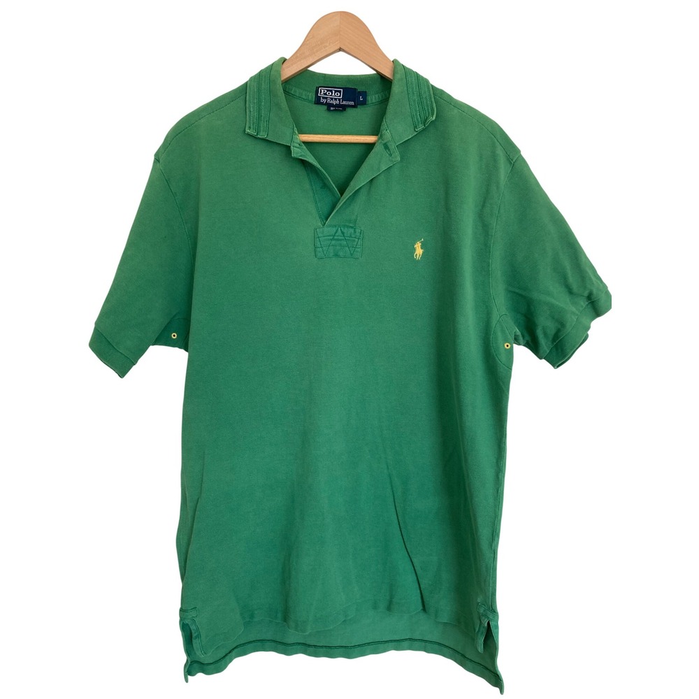 Polo Ralph Lauren Mens Green Pique Cotton Short Sleeve Shirt Yellow Pony Large